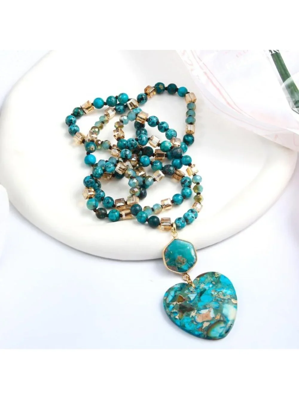 Boho Beaded Pendant Necklace for Women & Men - Natural Turquoise & Tiger Eye